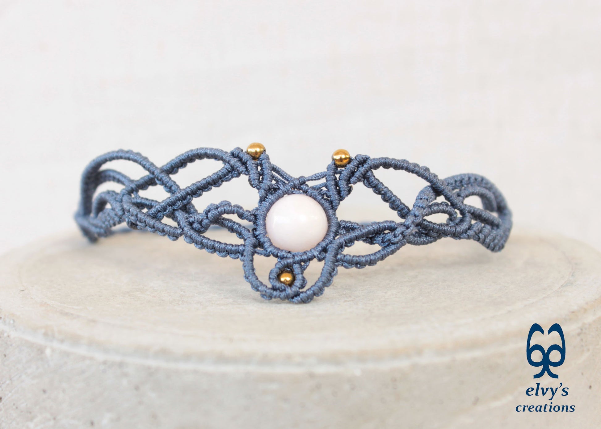 Blue Macrame Necklace with Pink Quartz Gemstone Boho Choker with Silver Hematite Gemstones