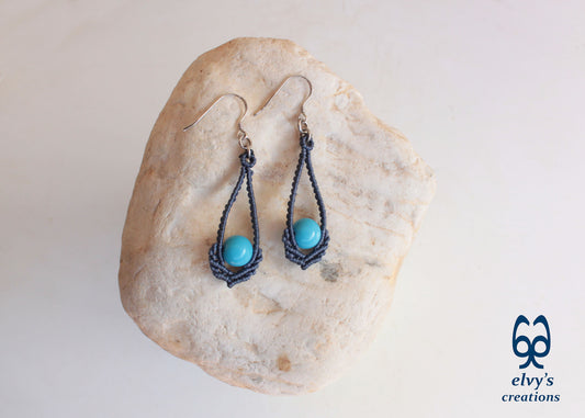 Blue Macrame Earrings Handmade Silver Earrings with Turquoise Gemstones