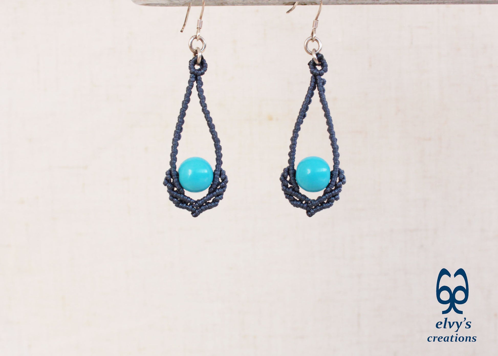 Blue Macrame Earrings Handmade Silver Earrings with Turquoise Gemstones