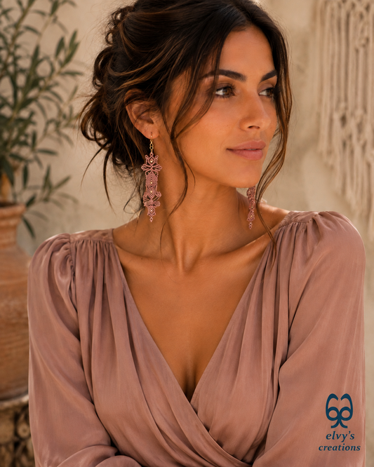 Macrame Earrings with Hematite Gemstones Boho Dangle, Μακραμέ Σκουλαρίκια με Κρυστάλλους Αιματίτη