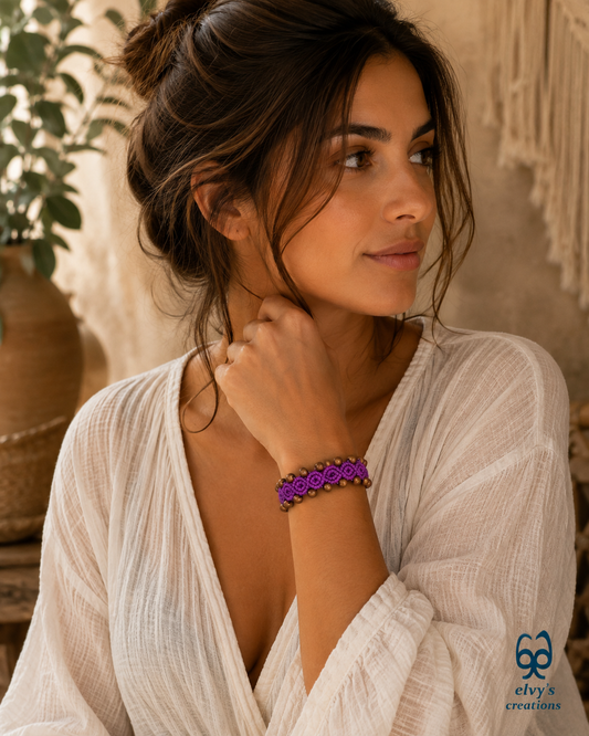 Purple Macrame Bracelet with Hematite Gemstone Beaded Cuff, Unique Birthday Gift for Women
