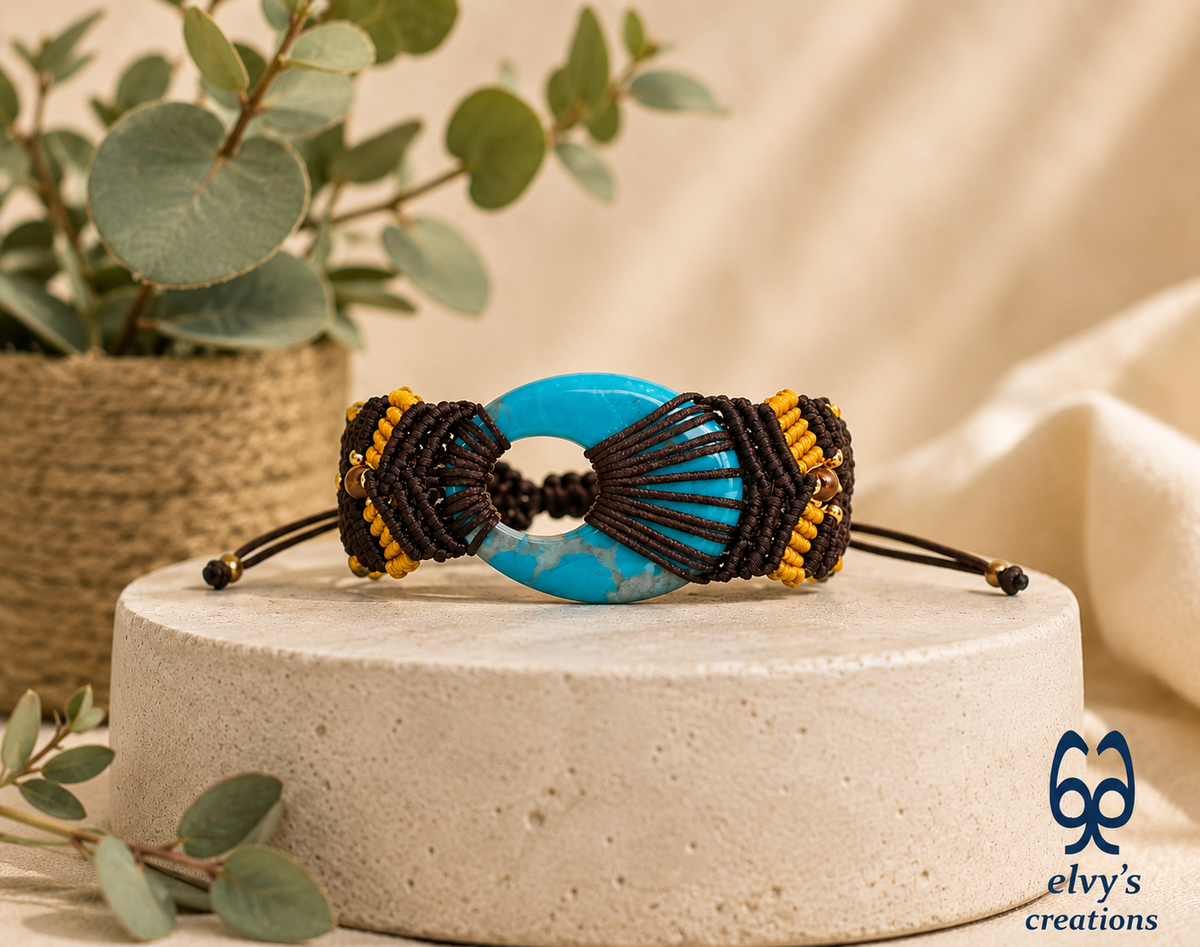 Macrame Bracelet, Turquoise Gemstone Beaded Cuff, Unique Birthday Gift for Women