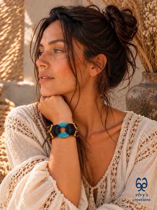 Macrame Bracelet, Turquoise Gemstone Beaded Cuff, Unique Birthday Gift for Women
