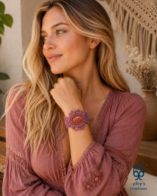 Purple Handmade Macrame Bracelet,  Red Jasper Gemstone Beaded Cuff, Unique Birthday Gift for Women