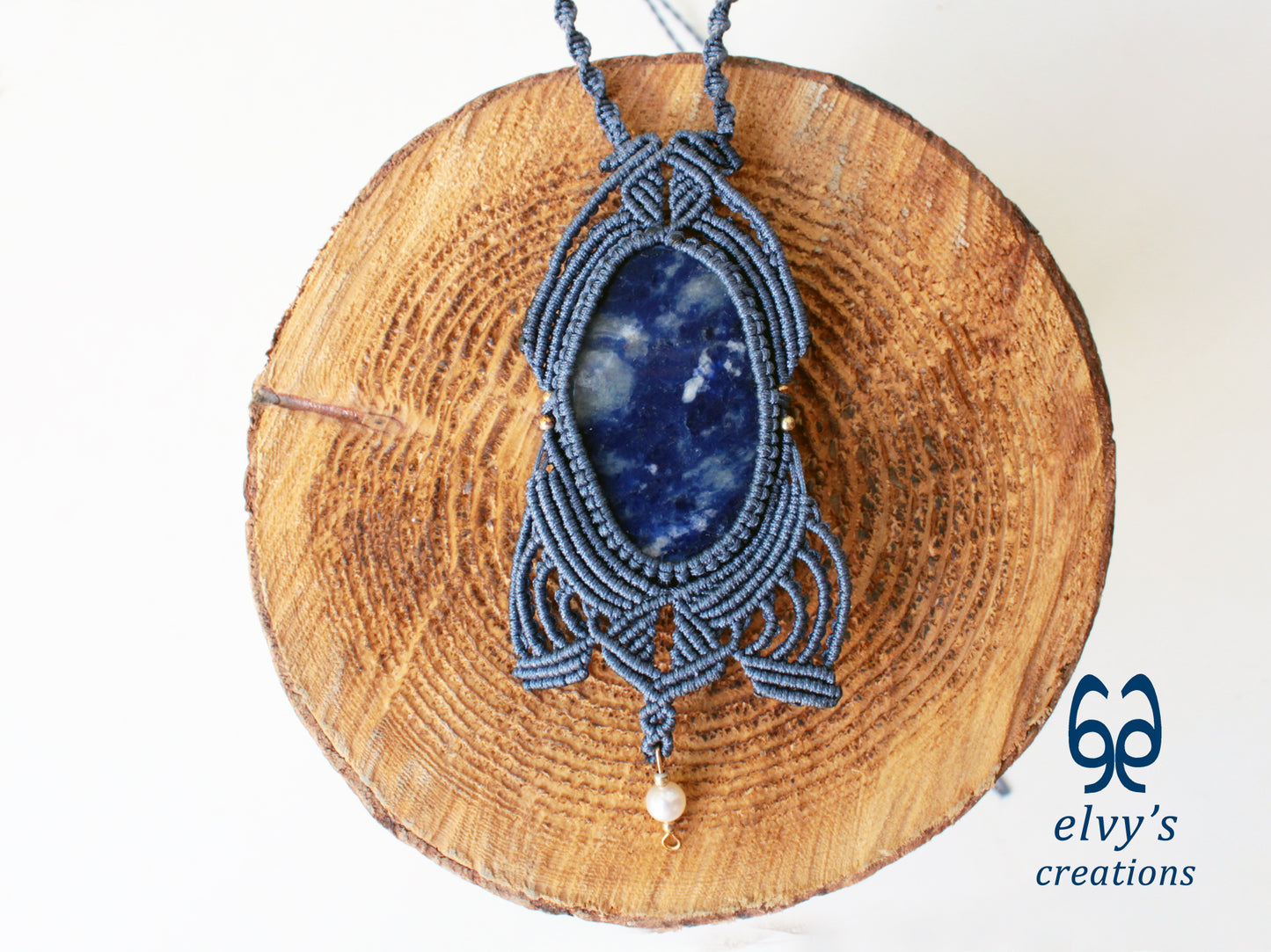 Handmade Jeans Blue Macrame Necklace with Sodalite and Pearl Gemstones