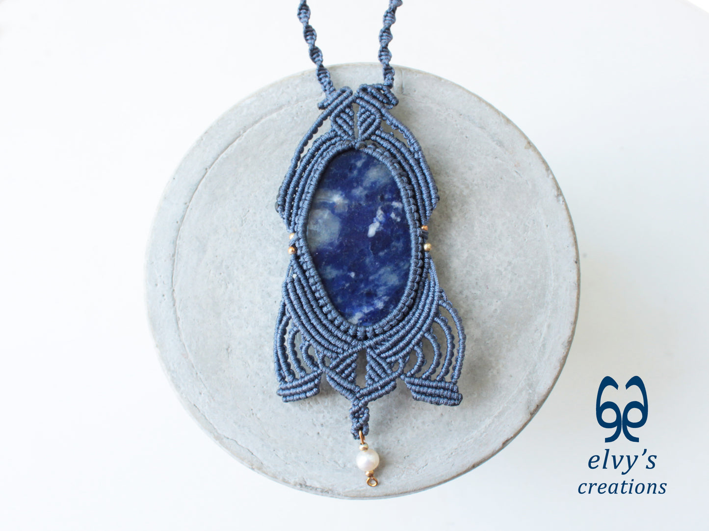 Handmade Jeans Blue Macrame Necklace with Sodalite and Pearl Gemstones