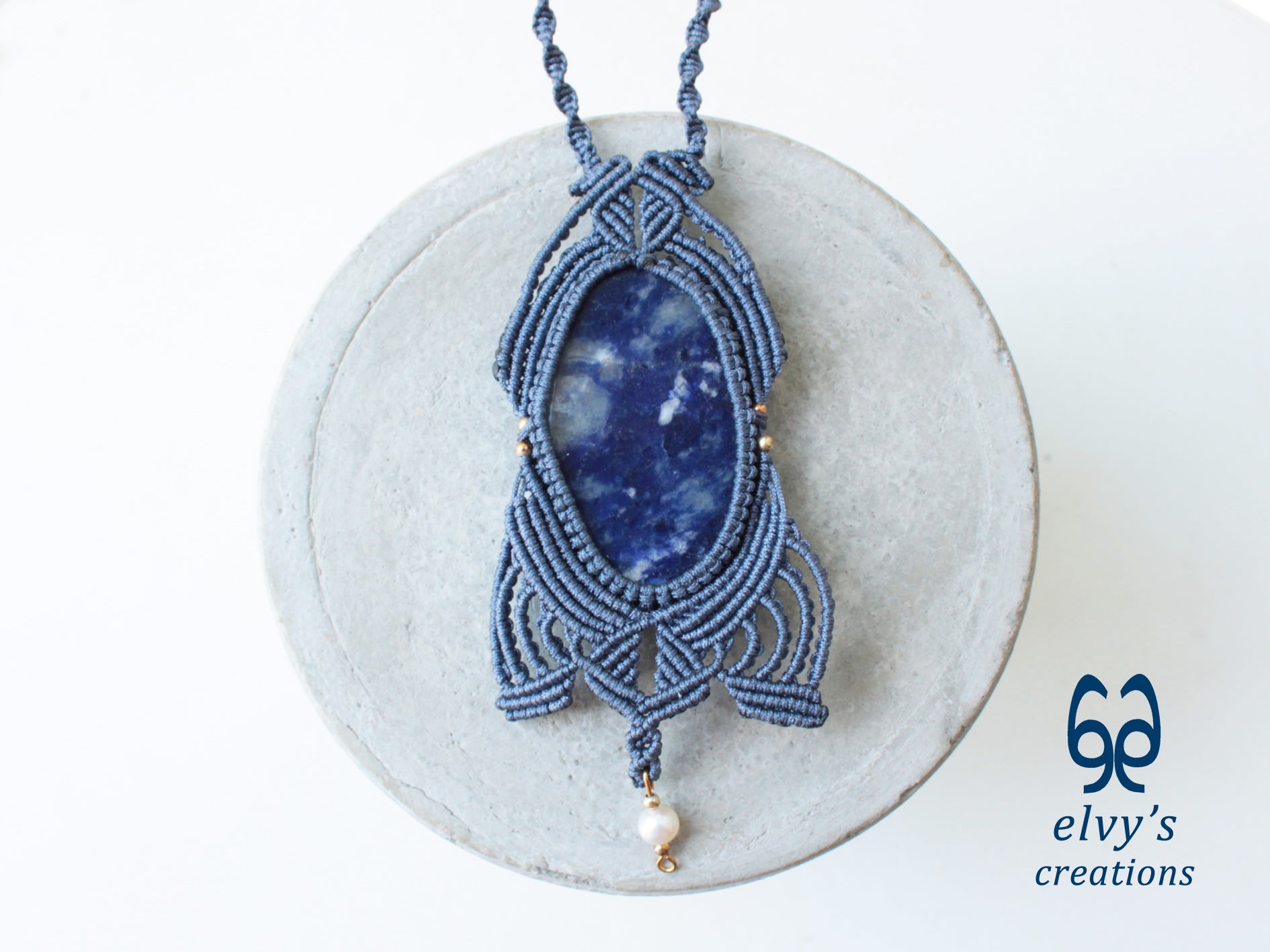 Handmade Jeans Blue Macrame Necklace with Sodalite and Pearl Gemstones