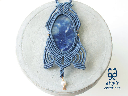 Handmade Jeans Blue Macrame Necklace with Sodalite and Pearl Gemstones