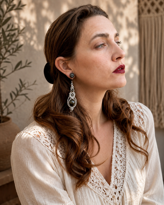 Macrame Beaded Earrings, Labradorite Gemstone Silver Earrings, Unique Birthday Gift for Women