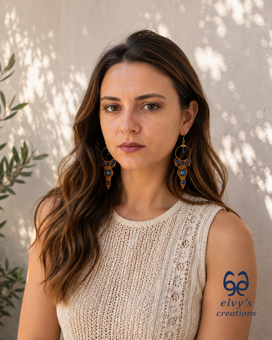 Gold Macrame Earrings with Lapis Lazuli Gemstones Handmade Healing Jewelry