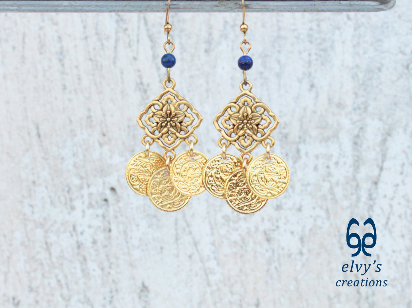 Handmade Greek Gold Traditional Earrings with Blue Lapis Lazuli Gemstone and Flower Element