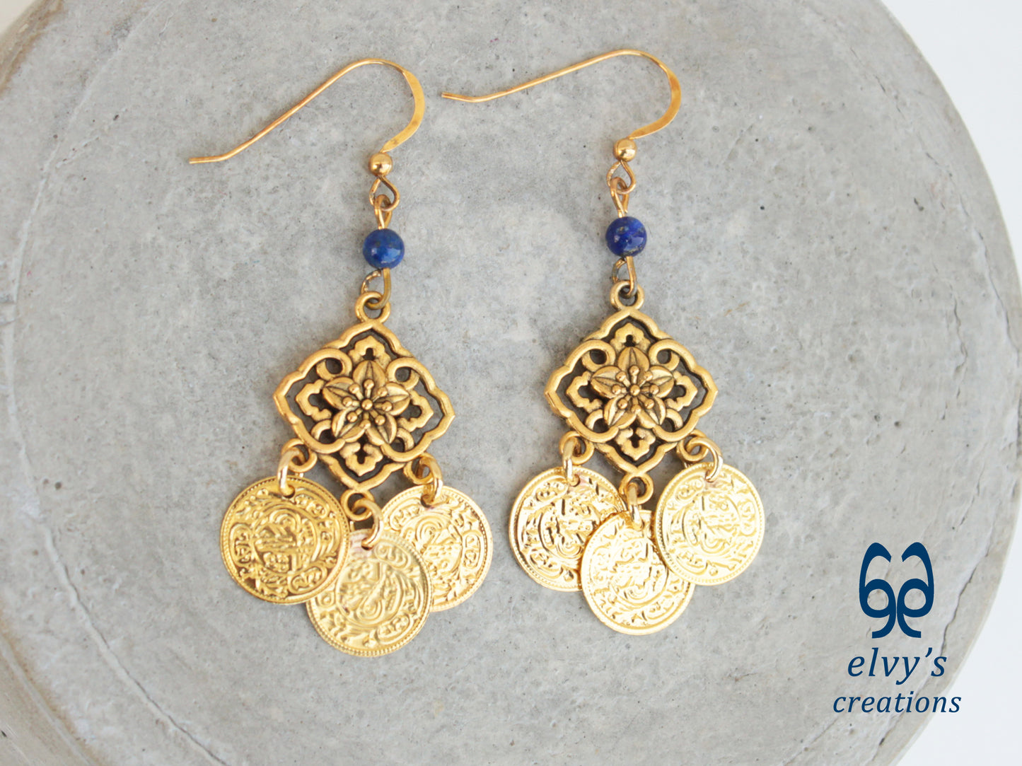 Handmade Greek Gold Traditional Earrings with Blue Lapis Lazuli Gemstone and Flower Element