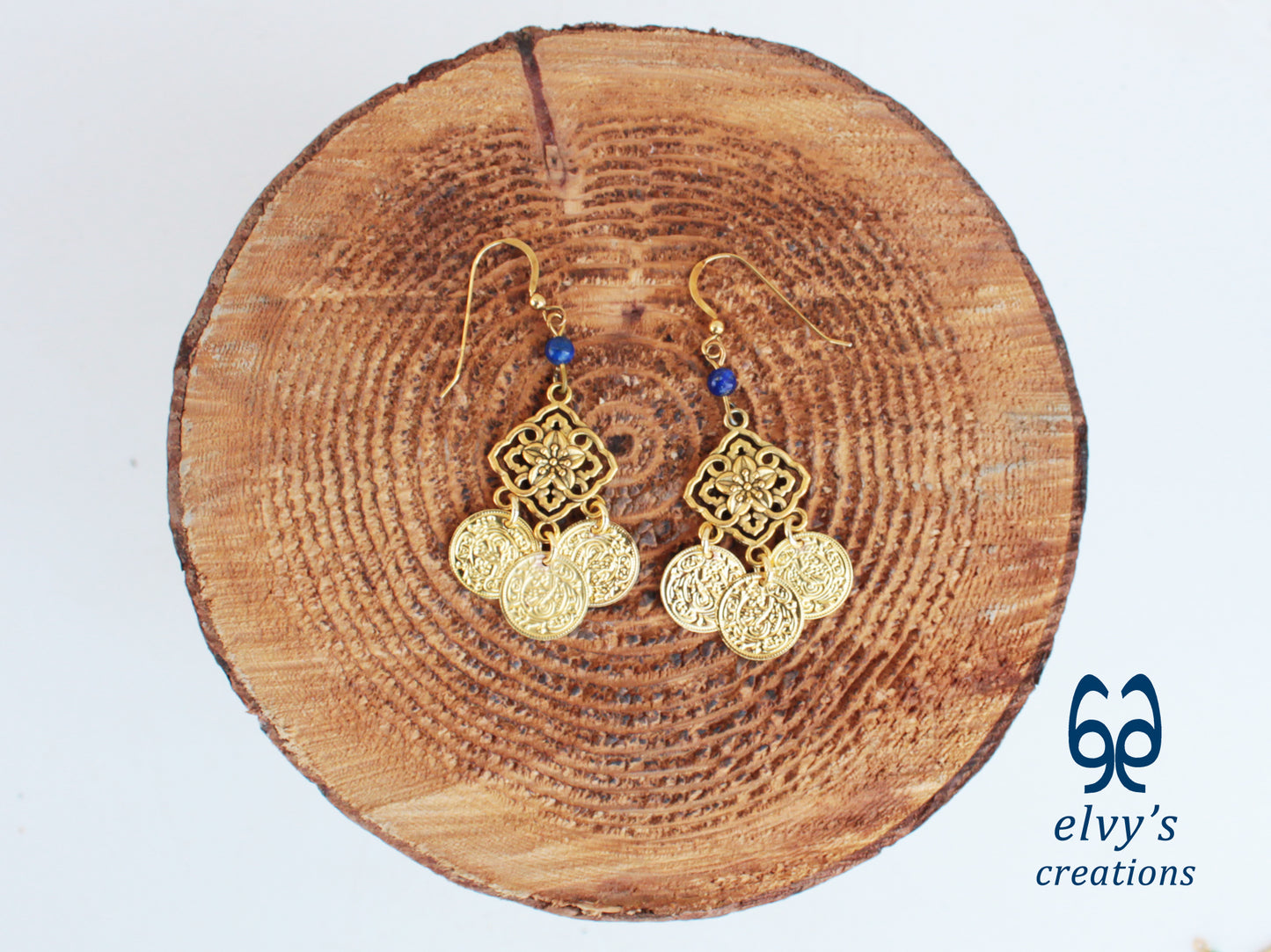 Handmade Greek Gold Traditional Earrings with Blue Lapis Lazuli Gemstone and Flower Element