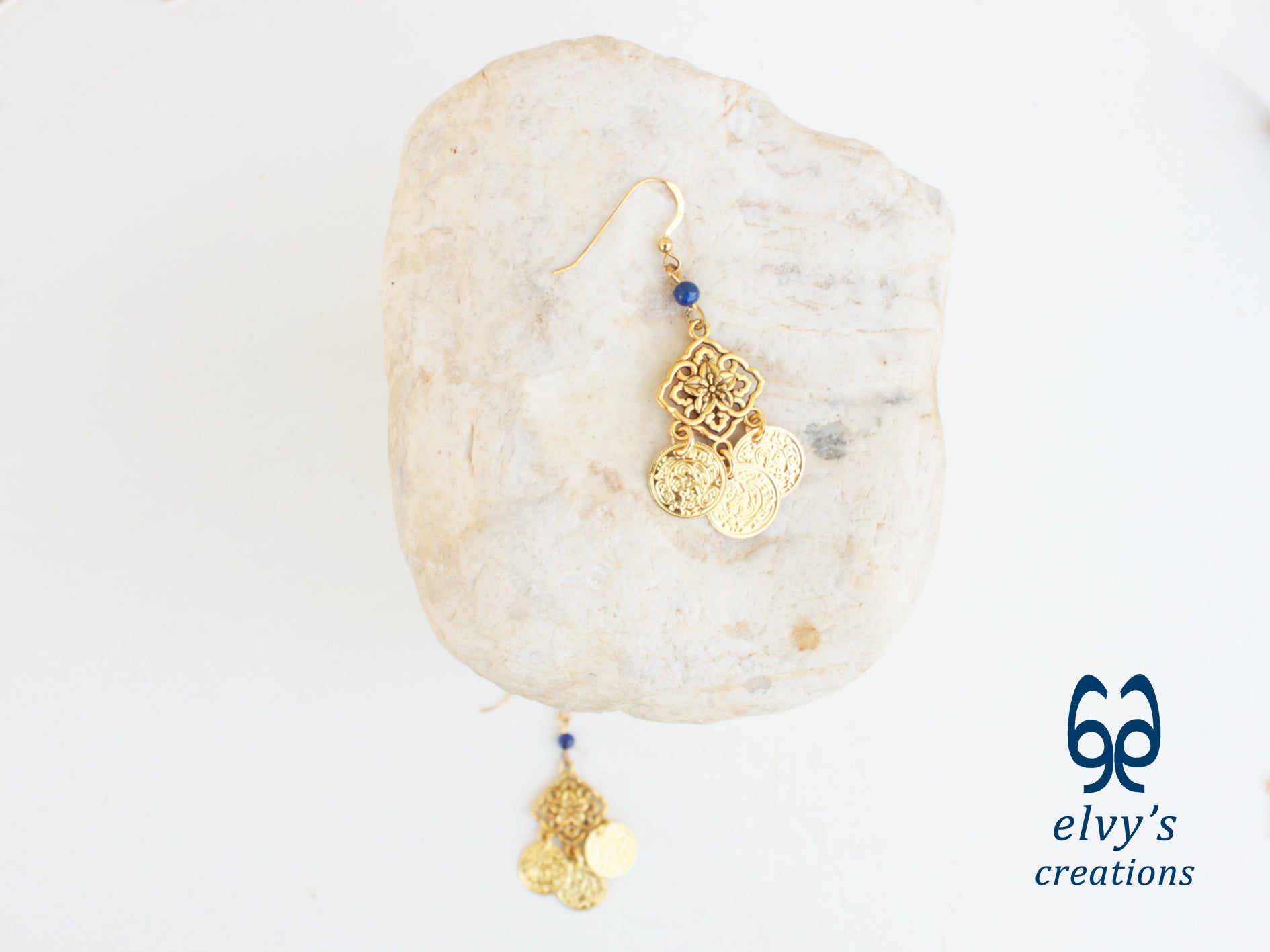 Handmade Greek Gold Traditional Earrings with Blue Lapis Lazuli Gemstone and Flower Element