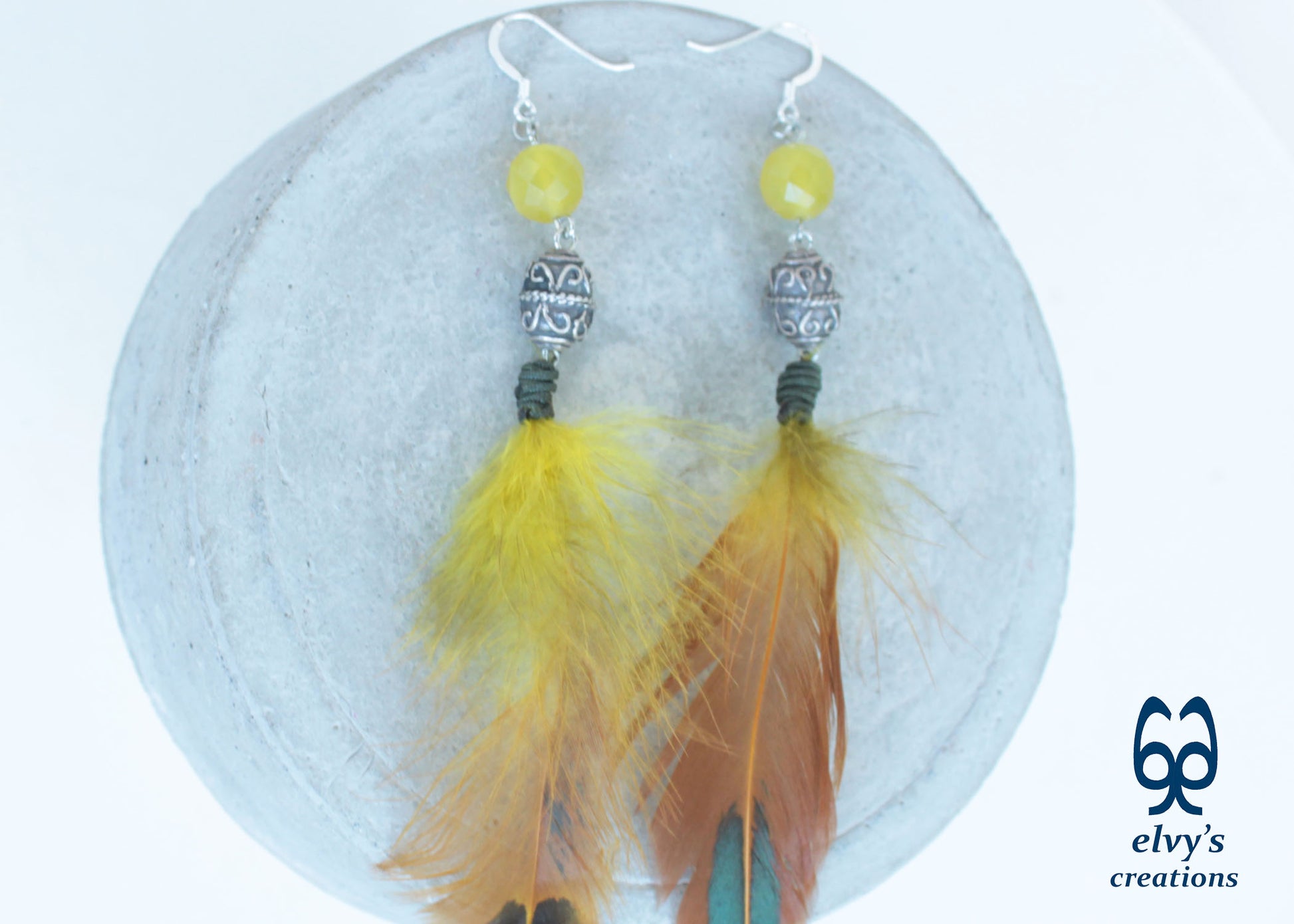 Handmade Silver Earrings with Lime Green Jade Gemstones and Feathers