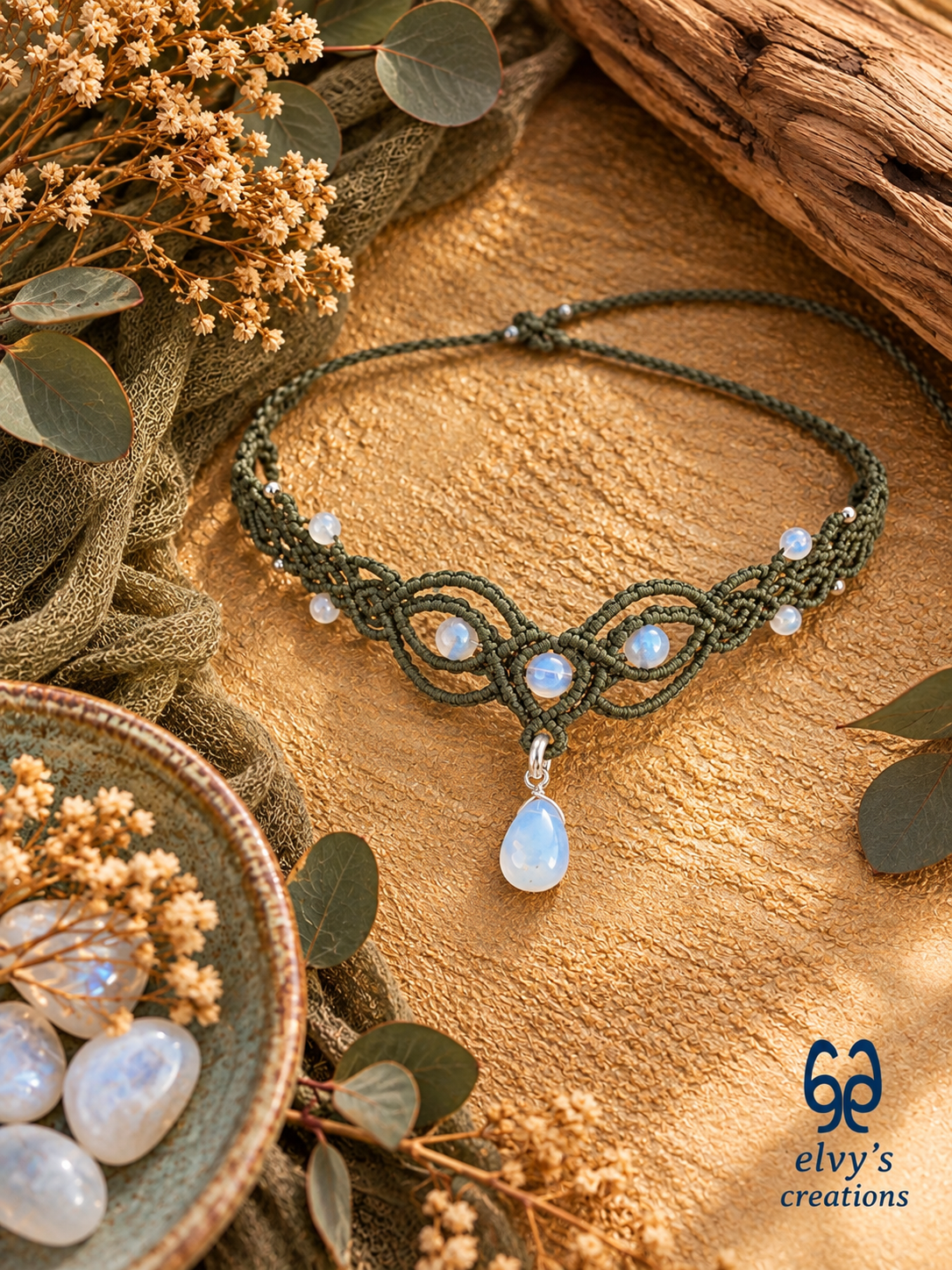 Handmade Khaki Green Macrame Necklace with Moonstone Gemstones Adjustable 