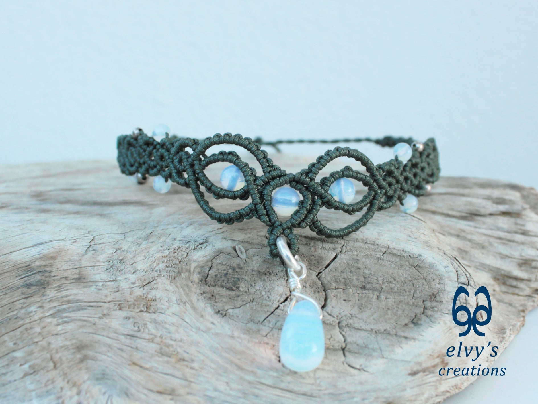 Handmade Khaki Green Macrame Necklace with Moonstone Gemstones Adjustable 