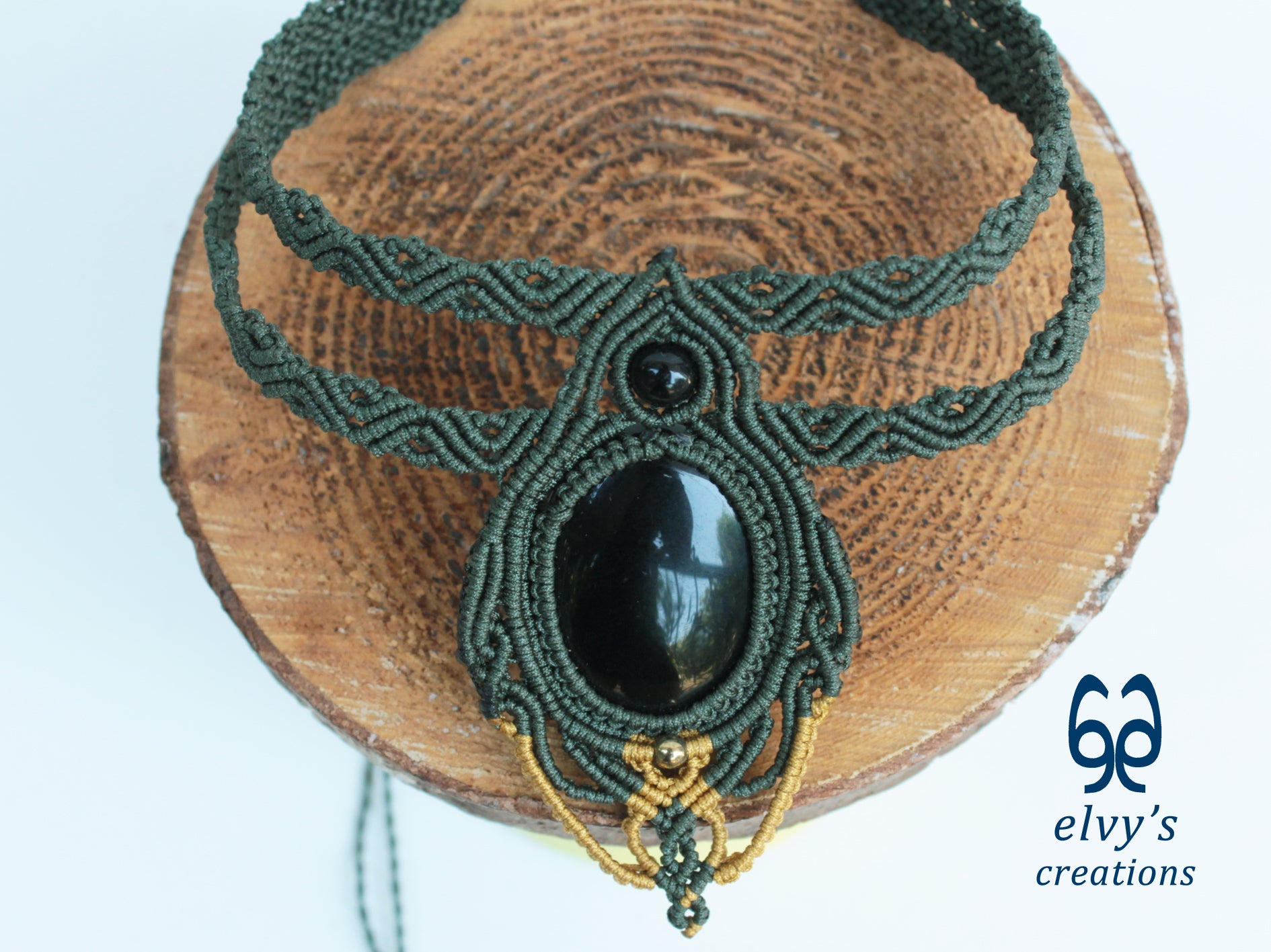 Handmade Green Macrame Necklace with Onyx Gemstones, Khaki and Gold Macrame Choker