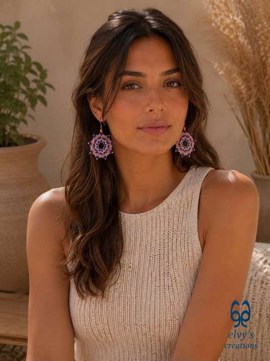 Mandala Flower Macrame Earrings, Silver Beaded Gemstone Earrings, Gift for Women