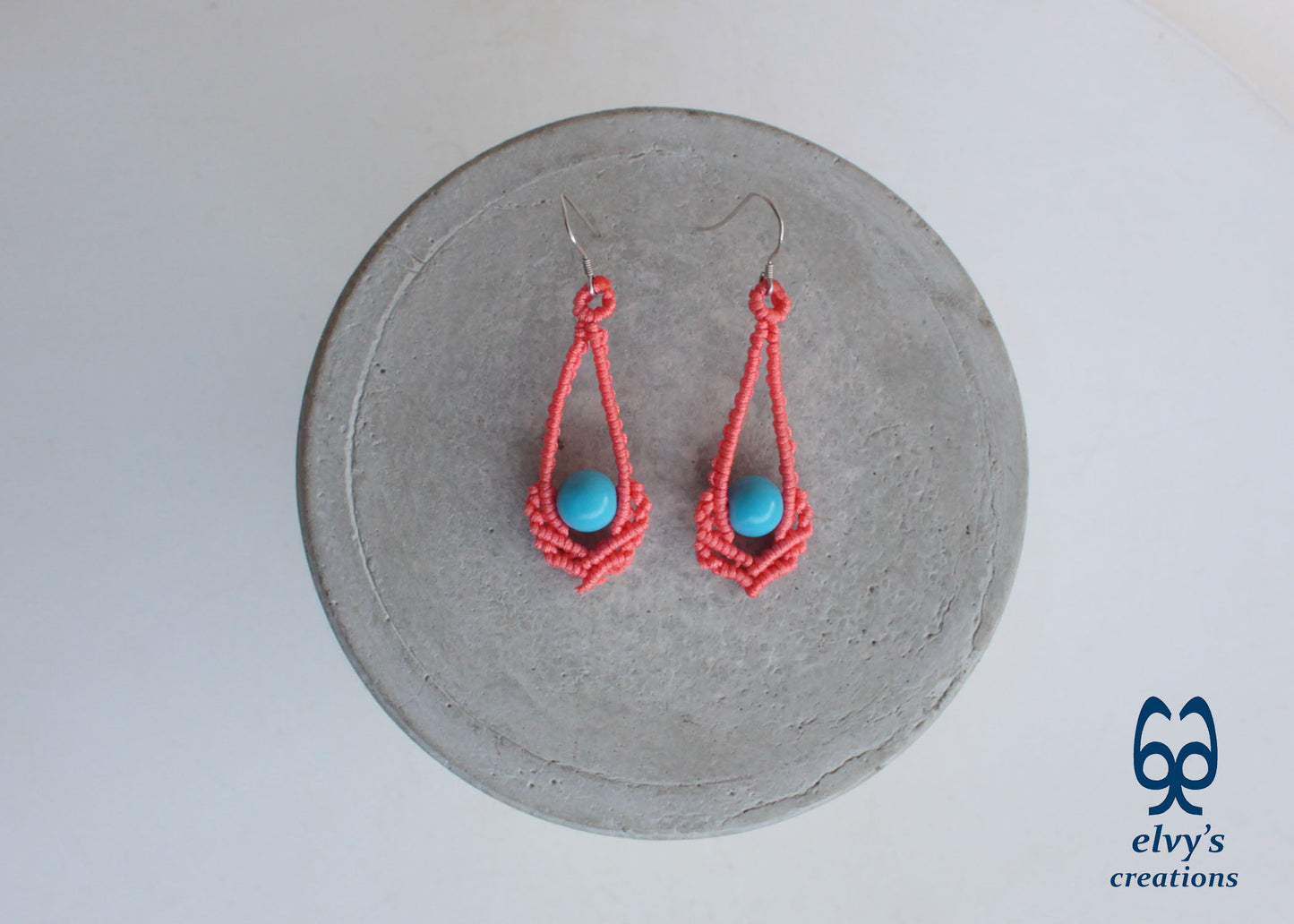 Orange Macrame Earrings Handmade Silver Earrings with Turquoise Gemstones