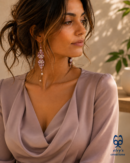 Handmade Pink Macramé Earrings Flower Earrings with Rose Quartz and Pearls
