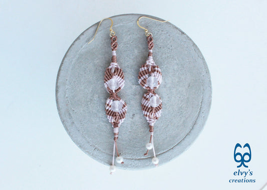 Handmade Pink Macramé Earrings Flower Earrings with Rose Quartz and Pearls
