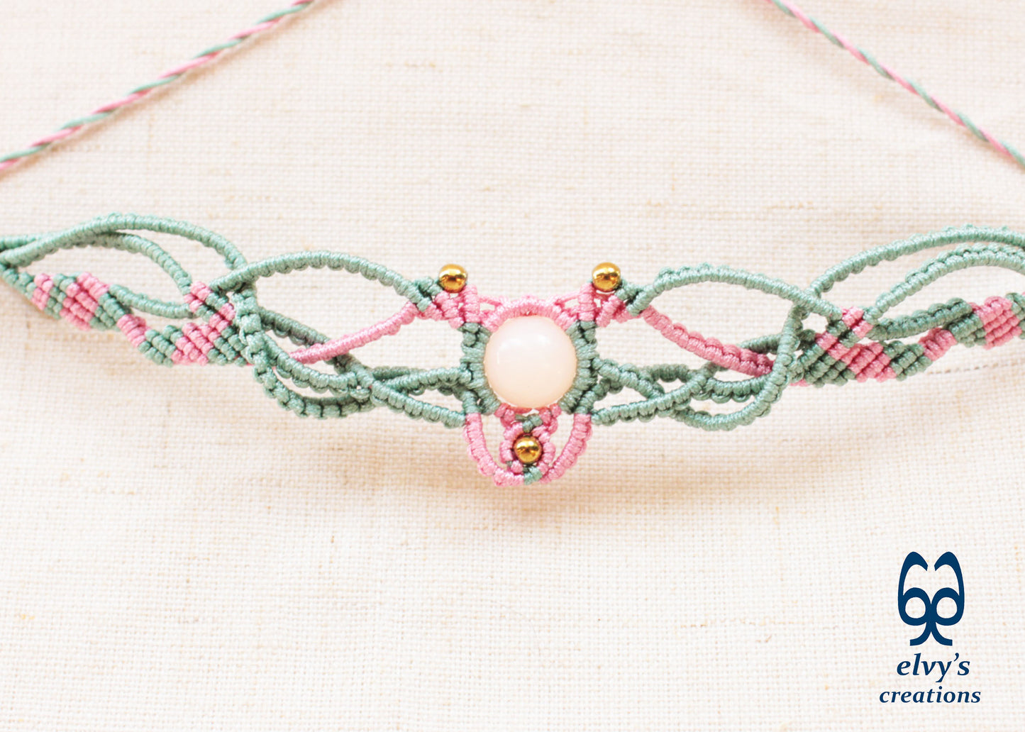 Green Macrame Necklace with Pink Quartz Gemstone Boho Choker with Silver Hematite Gemstones