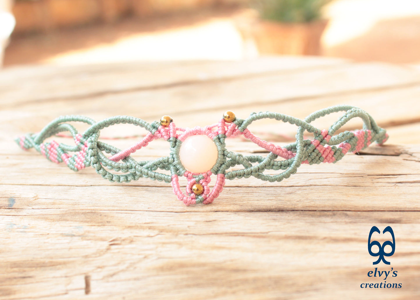 Green Macrame Necklace with Pink Quartz Gemstone Boho Choker with Silver Hematite Gemstones
