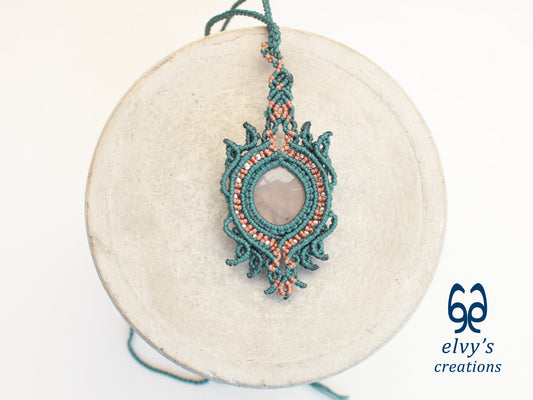 Bronze and Green Handmade Macrame Necklace with Moonstone Gemstones, Boho Grey Necklace