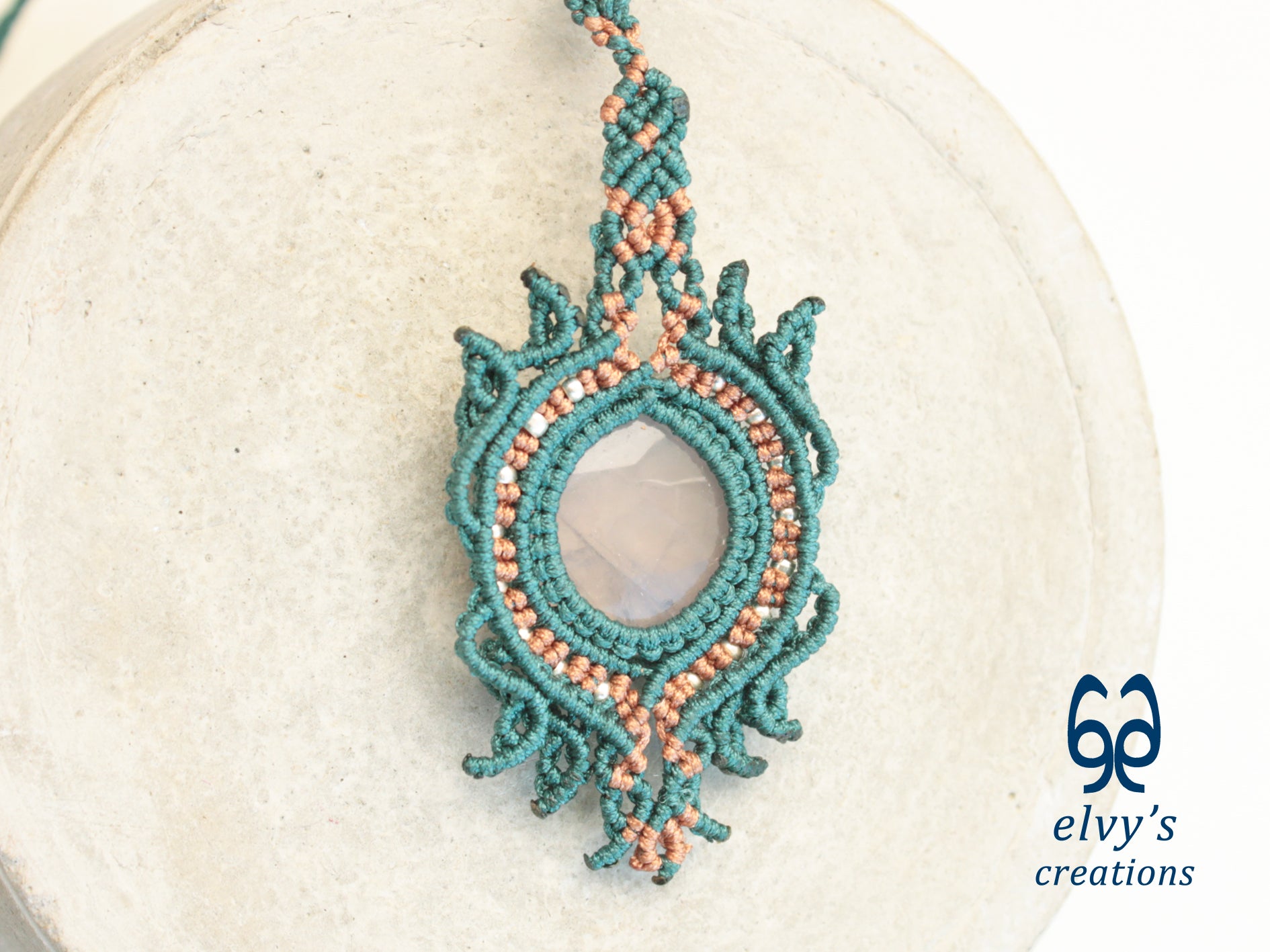 Bronze and Green Handmade Macrame Necklace with Moonstone Gemstones, Boho Grey Necklace