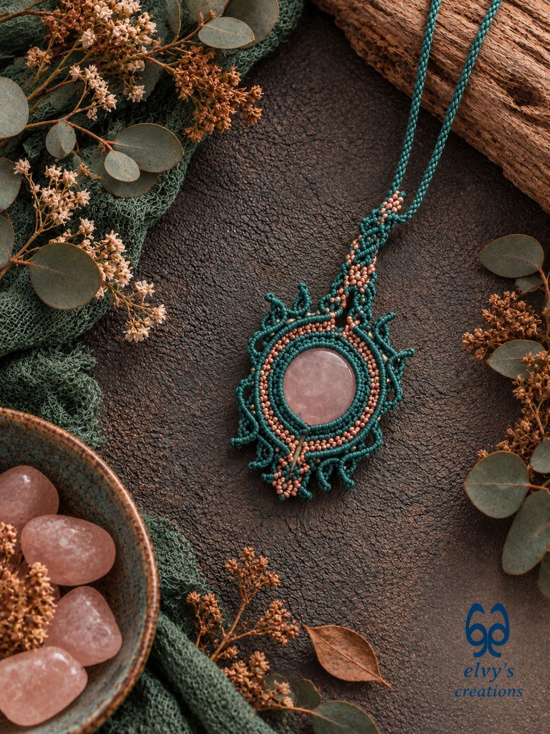 Bronze and Green Handmade Macrame Necklace with Moonstone Gemstones, Boho Grey Necklace