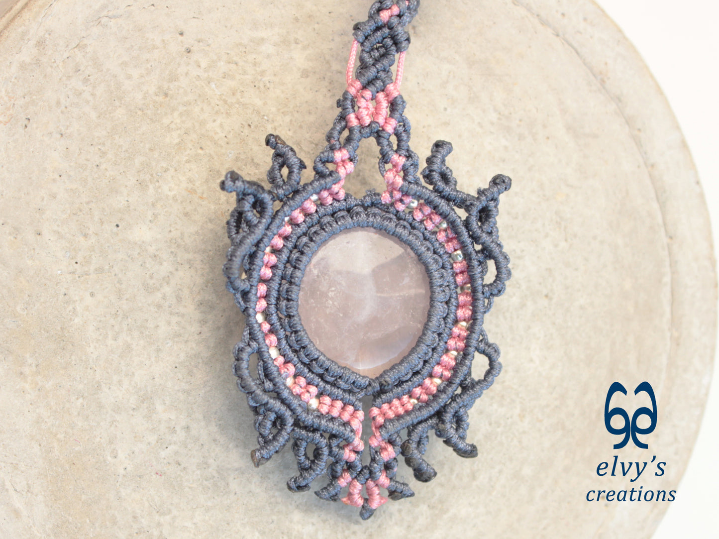 Pink and Grey Handmade Macrame Necklace with Moonstone Gemstones, Boho Grey Necklace