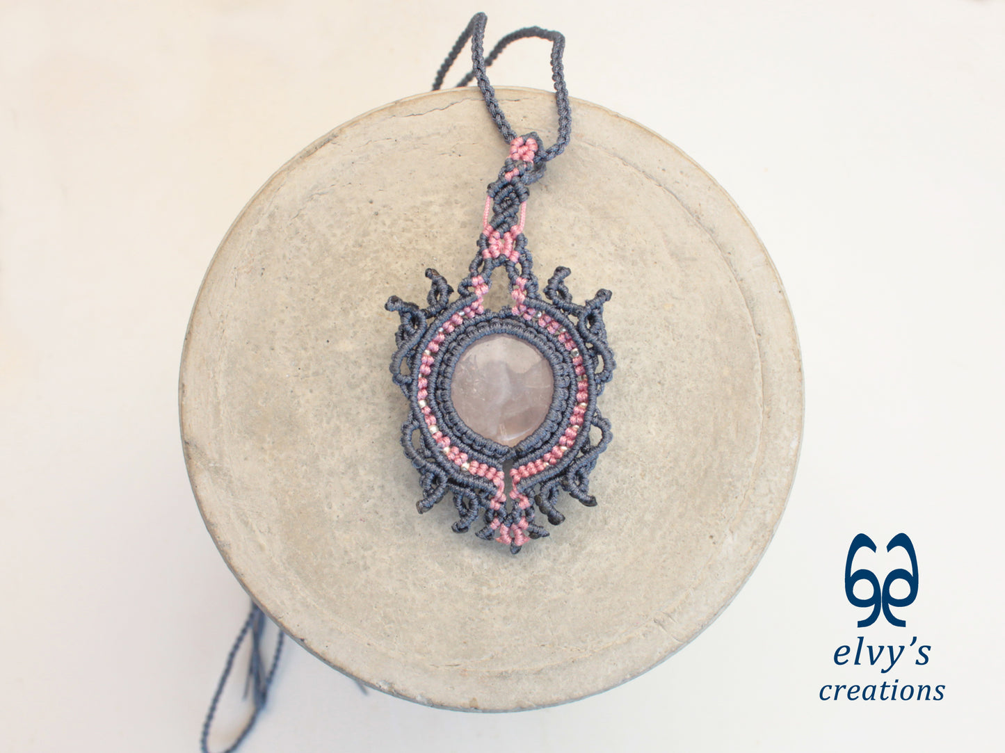 Pink and Grey Handmade Macrame Necklace with Moonstone Gemstones, Boho Grey Necklace