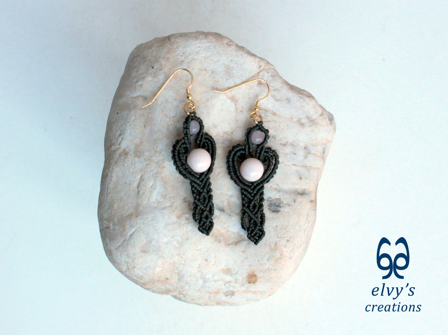 Handmade Green Macrame Earrings with Pink Quartz Gemstones Dangle Earrings