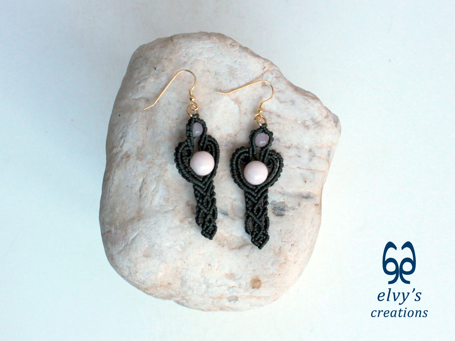 Handmade Green Macrame Earrings with Pink Quartz Gemstones Dangle Earrings