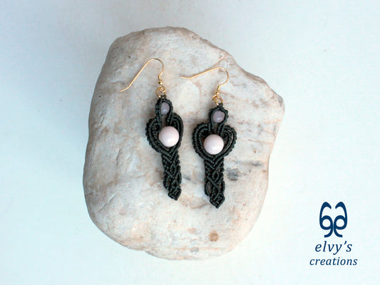 Handmade Green Macrame Earrings with Pink Quartz Gemstones Dangle Earrings