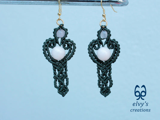 Handmade Green Macrame Earrings with Pink Quartz Gemstones Dangle Earrings