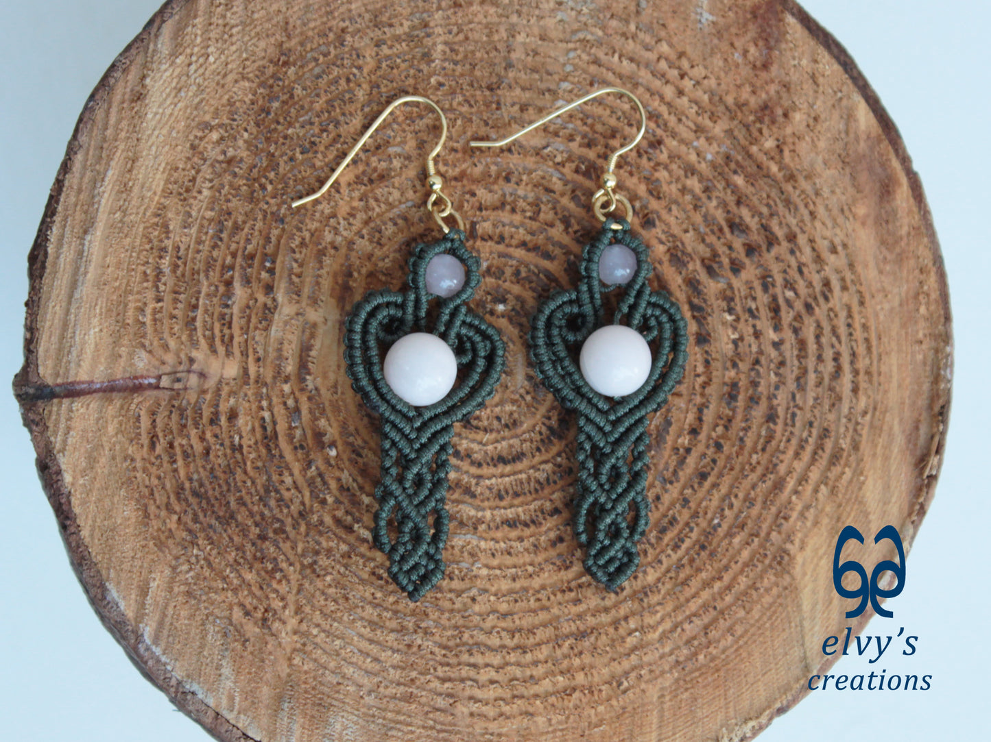 Handmade Green Macrame Earrings with Pink Quartz Gemstones Dangle Earrings