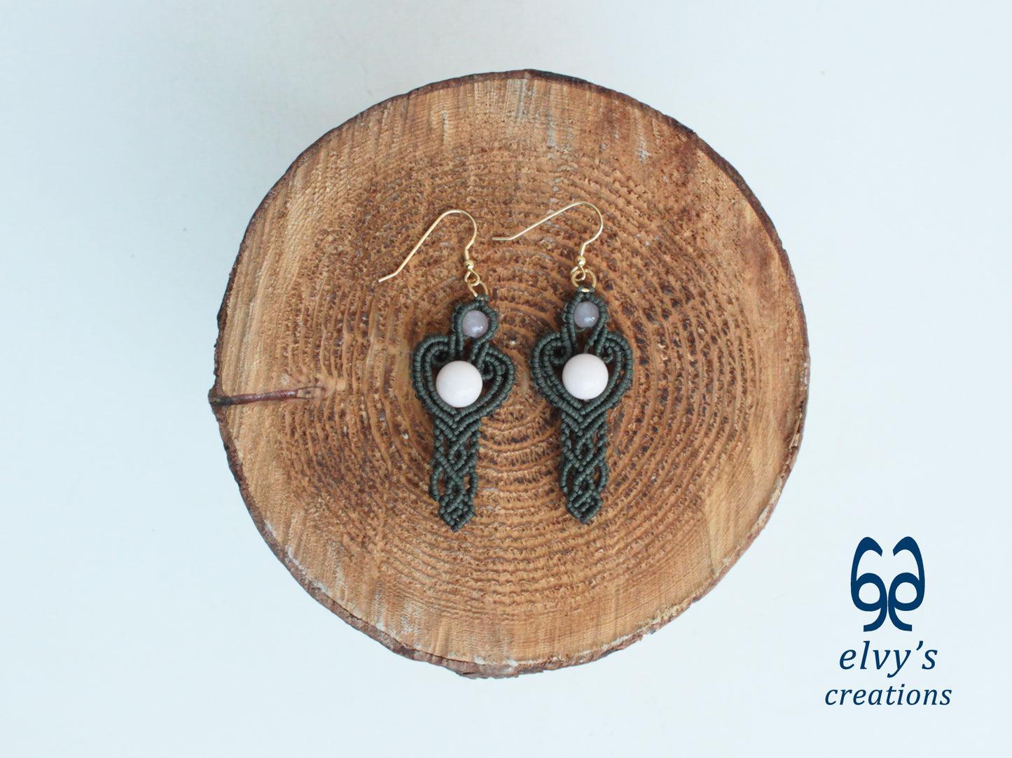 Handmade Green Macrame Earrings with Pink Quartz Gemstones Dangle Earrings