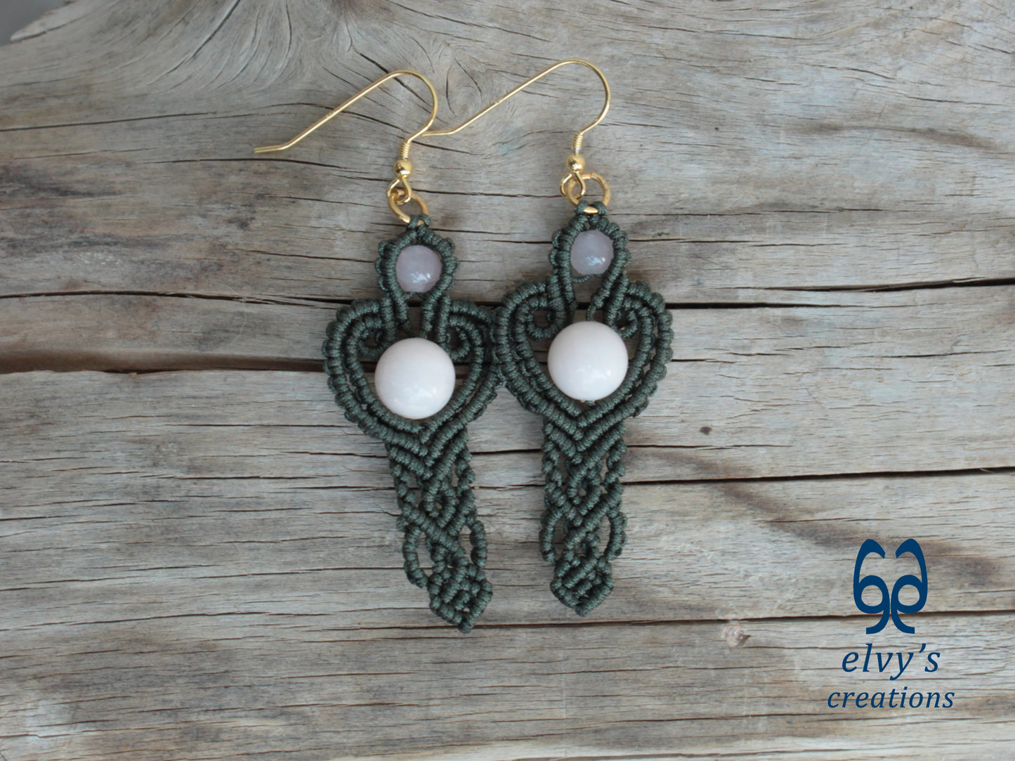 Handmade Green Macrame Earrings with Pink Quartz Gemstones Dangle Earrings