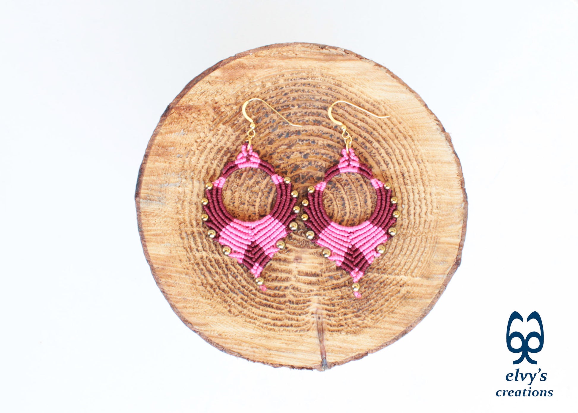 Pink Macrame Earrings Gold Hematite Gemstones Silver Hoop Earrings