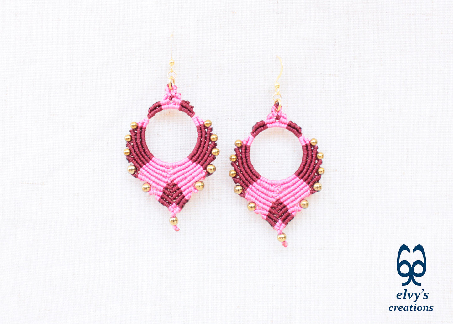 Pink Macrame Earrings Gold Hematite Gemstones Silver Hoop Earrings