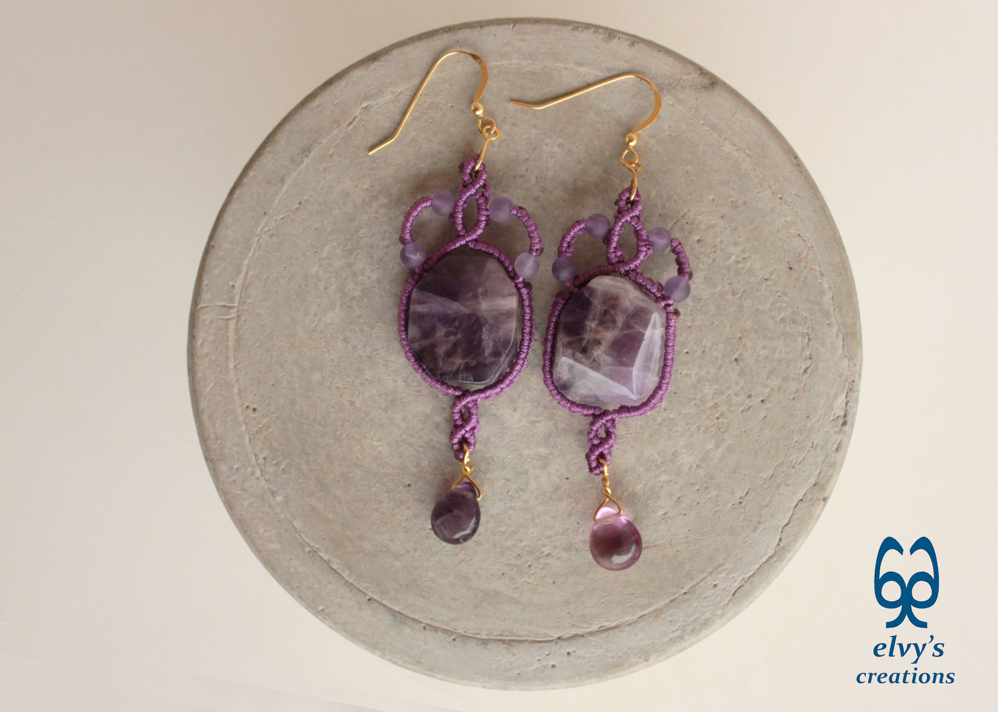 Handmade Purple Macrame Earrings Long Dangle with Amethyst Gemstones