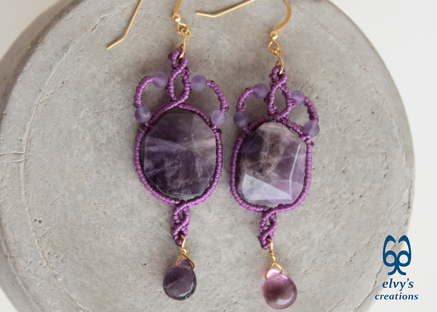 Handmade Purple Macrame Earrings Long Dangle with Amethyst Gemstones