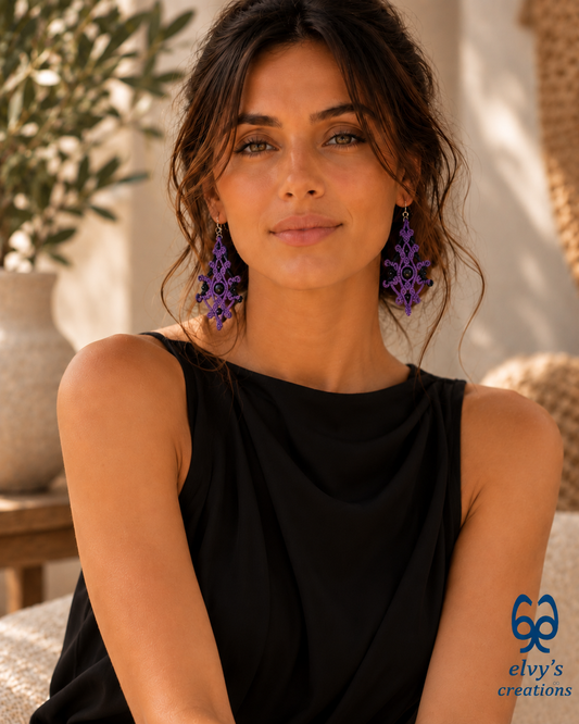 Purple Macrame Earrings Onyx Gemstone Dangle Earrings Black Micro Macrame Earrings Gift for Women