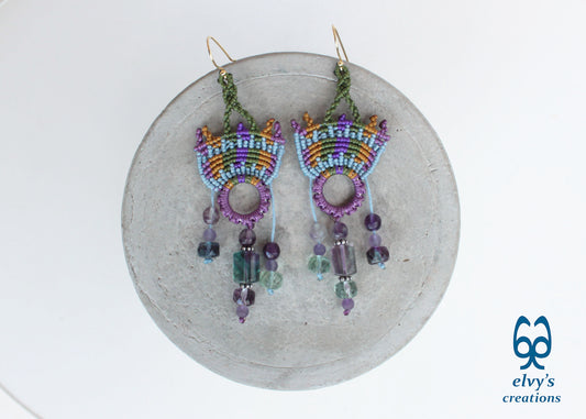 Purple Macramé Earrings Long Dangle and Green Amethyst Fluorite Gemstones