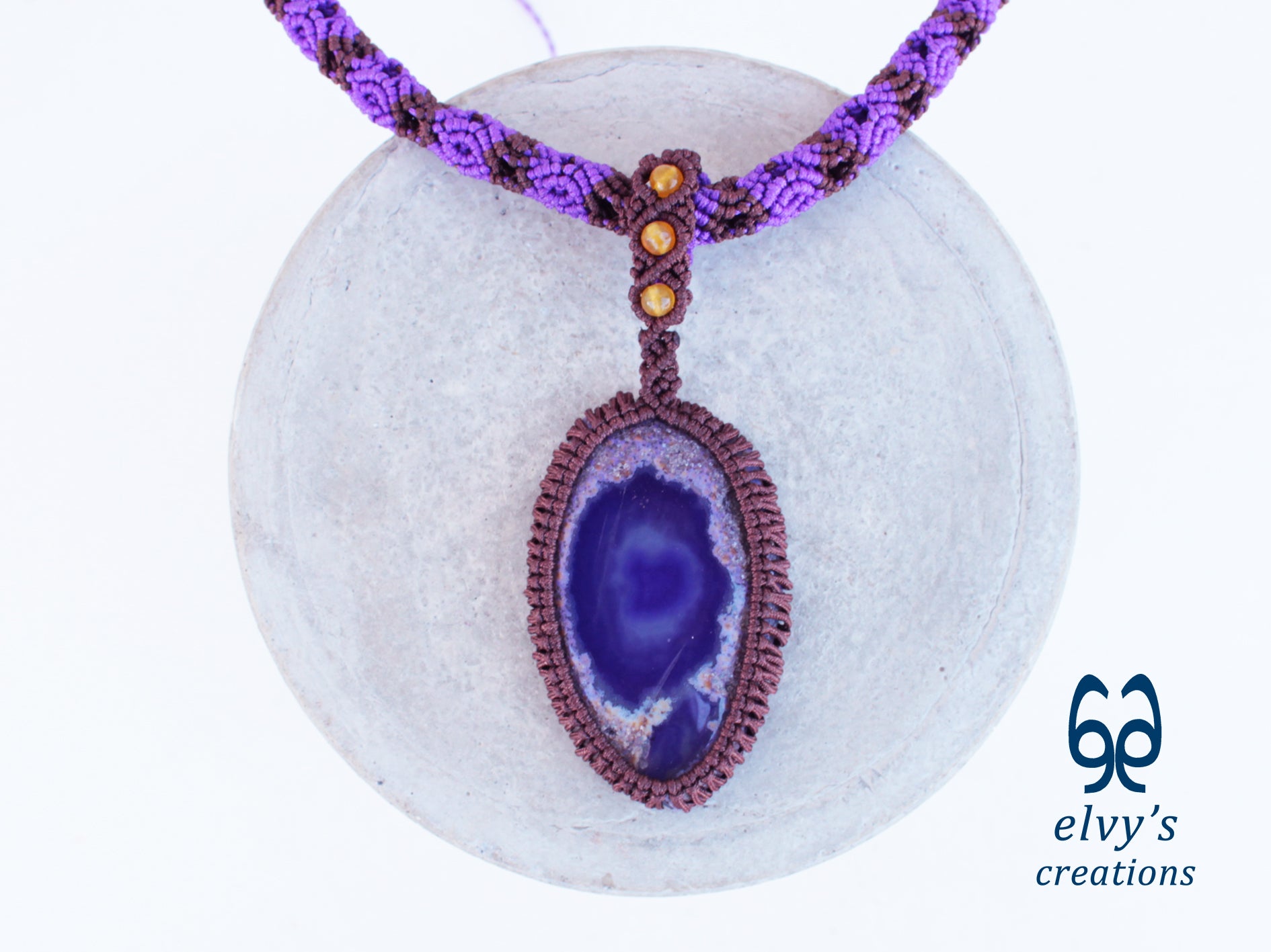 Handmade Macrame Purple Necklace with Yellow Agate Gemstones