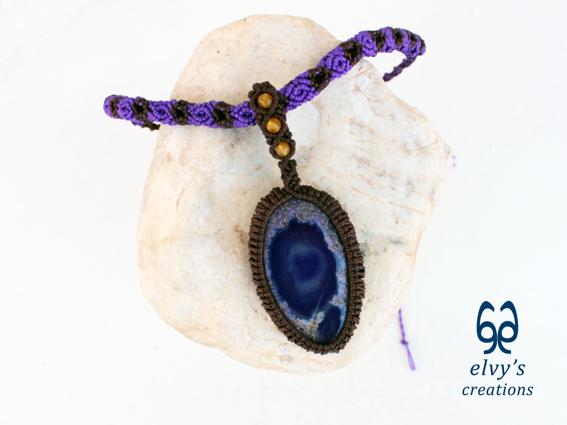Handmade Macrame Purple Necklace with Yellow Agate Gemstones