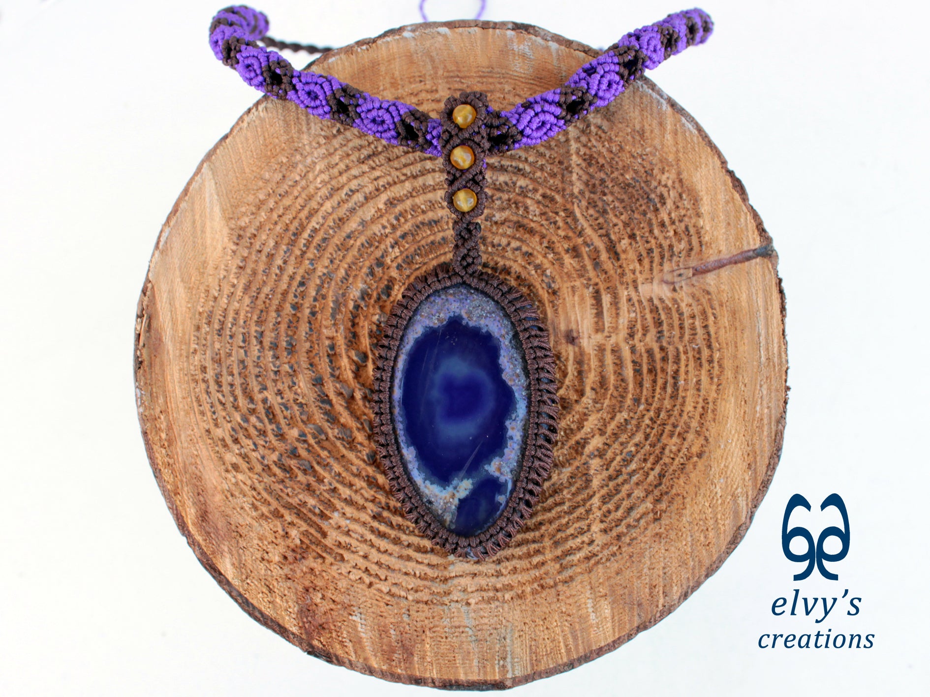Handmade Macrame Purple Necklace with Yellow Agate Gemstones