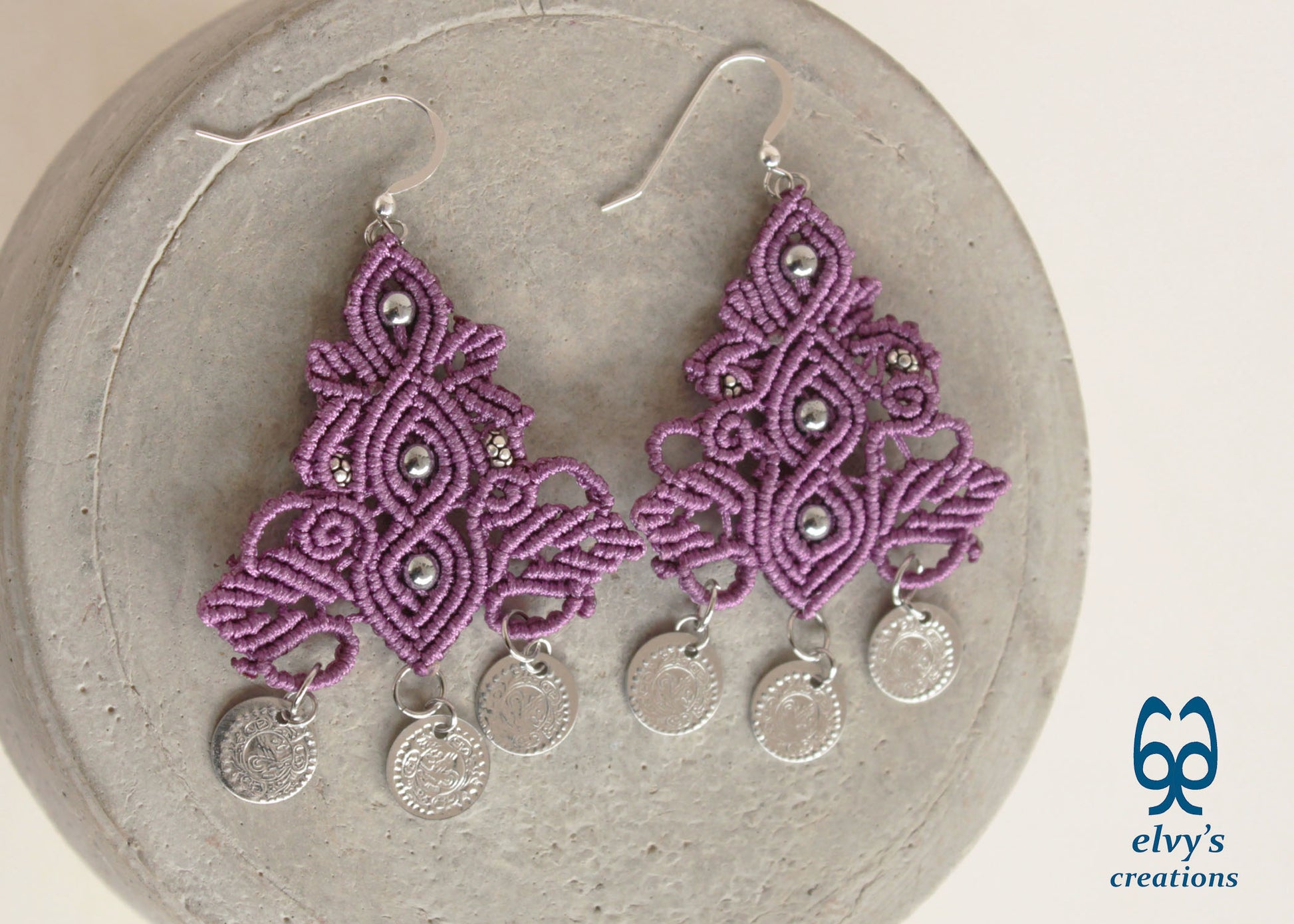 Purple Handmade Macrame Silver Earrings Dangle with Hematite Gemstones Silver Coins 